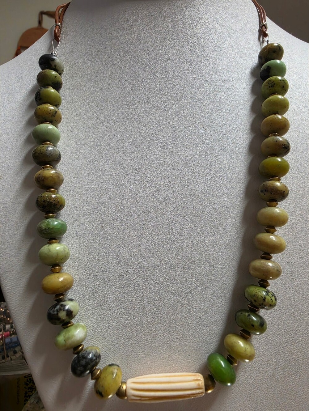 Artisan Green Opal Serpentine Bead Necklace Carved Bone Focal Leather Cord Loop